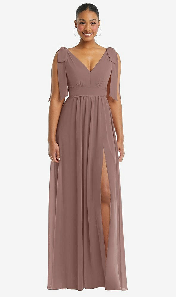 Front View - Sienna Plunge Neckline Bow Shoulder Empire Waist Chiffon Maxi Dress