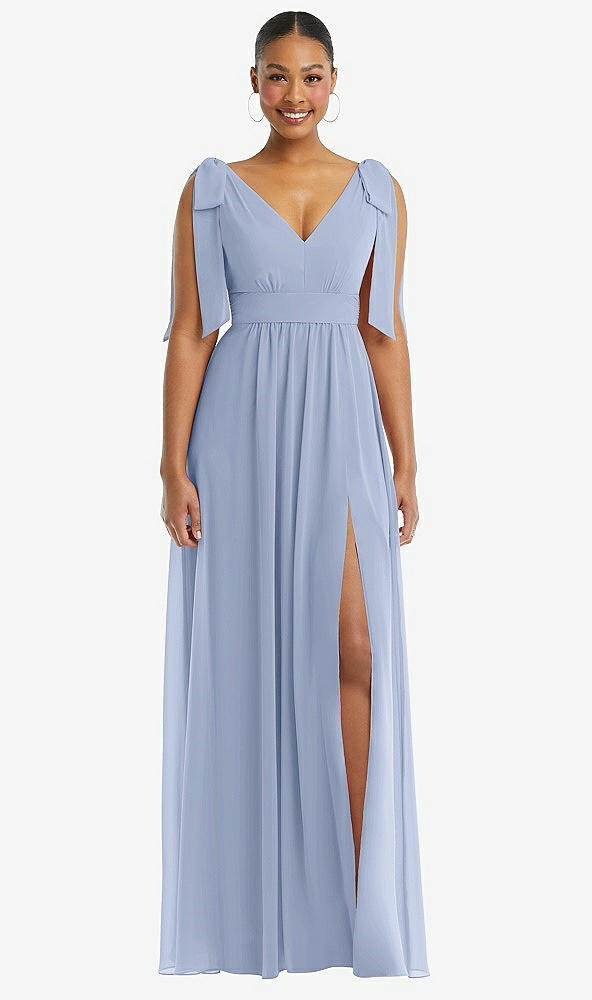 Front View - Sky Blue Plunge Neckline Bow Shoulder Empire Waist Chiffon Maxi Dress