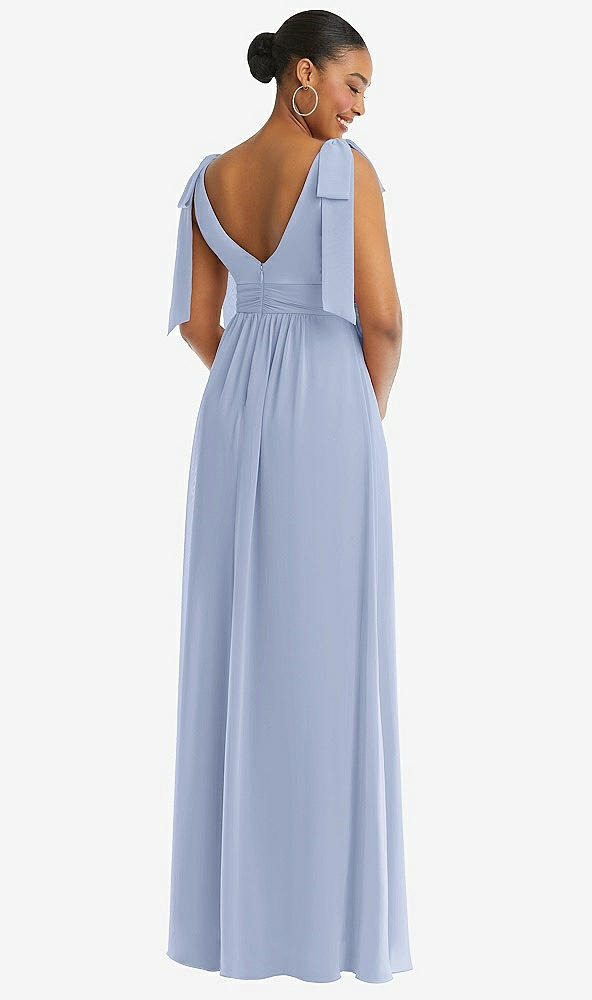 Back View - Sky Blue Plunge Neckline Bow Shoulder Empire Waist Chiffon Maxi Dress