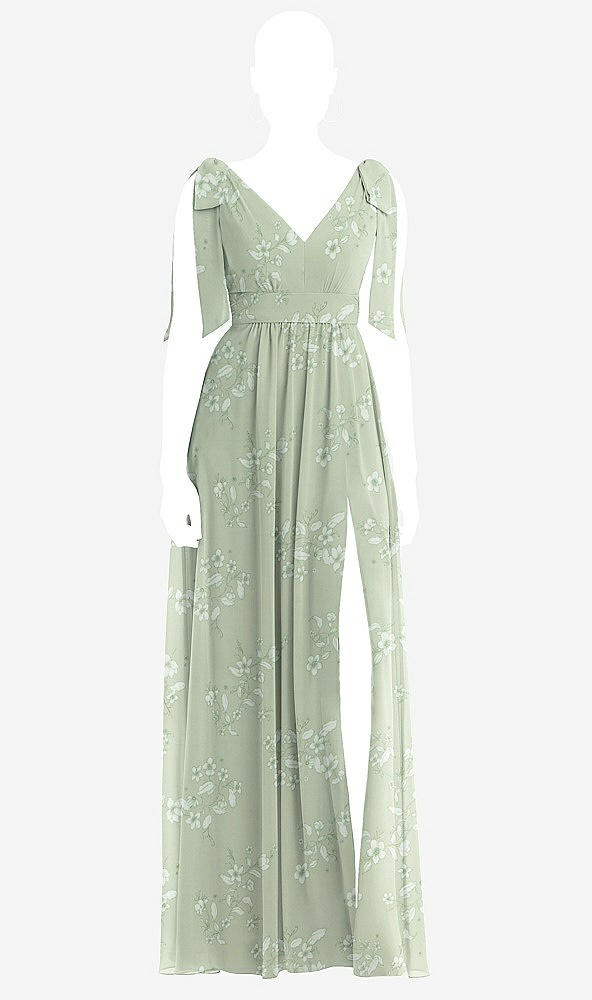 Front View - Vintage Primrose Sage Plunge Neckline Bow Shoulder Empire Waist Chiffon Maxi Dress