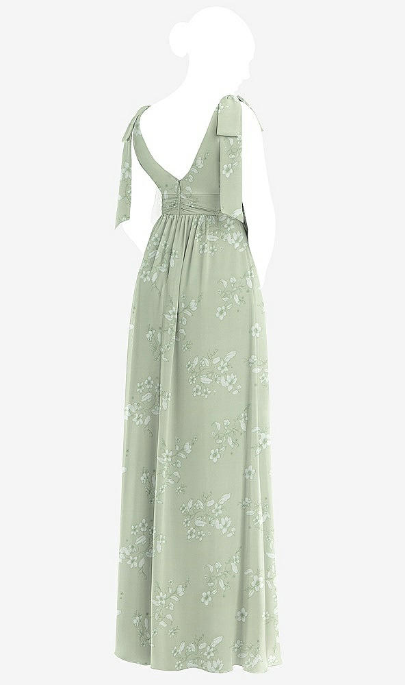 Back View - Vintage Primrose Sage Plunge Neckline Bow Shoulder Empire Waist Chiffon Maxi Dress