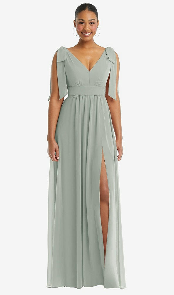 Front View - Willow Green Plunge Neckline Bow Shoulder Empire Waist Chiffon Maxi Dress