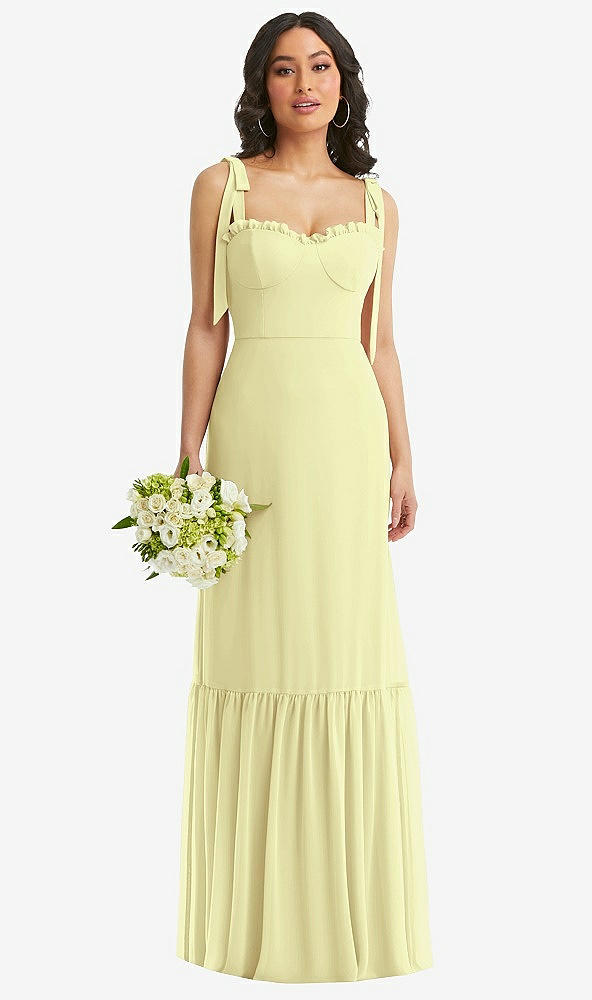 Front View - Butter Yellow Tie-Shoulder Bustier Bodice Ruffle-Hem Maxi Dress