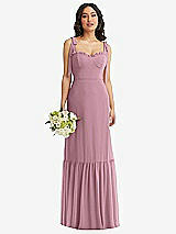 Front View Thumbnail - Dusty Pink Tie-Shoulder Bustier Bodice Ruffle-Hem Maxi Dress