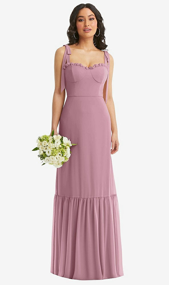 Front View - Dusty Pink Tie-Shoulder Bustier Bodice Ruffle-Hem Maxi Dress