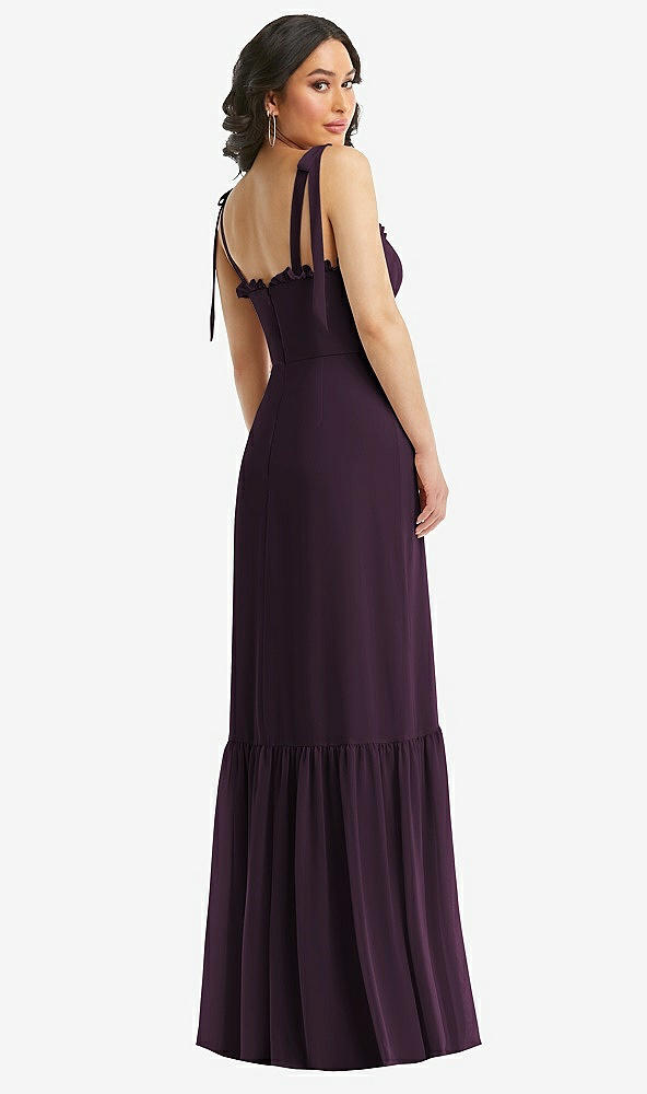 Back View - Aubergine Tie-Shoulder Bustier Bodice Ruffle-Hem Maxi Dress