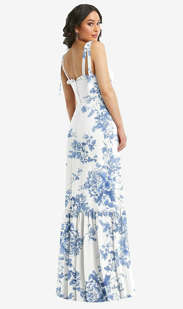 Back View - Cottage Rose Dusk Blue Tie-Shoulder Bustier Bodice Ruffle-Hem Maxi Dress