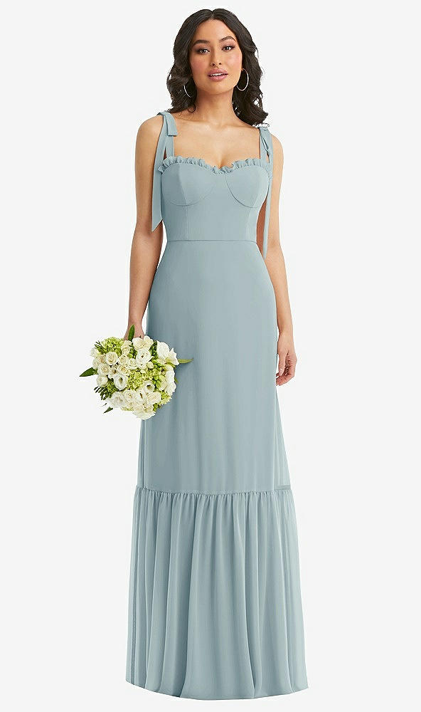 Front View - Morning Sky Tie-Shoulder Bustier Bodice Ruffle-Hem Maxi Dress