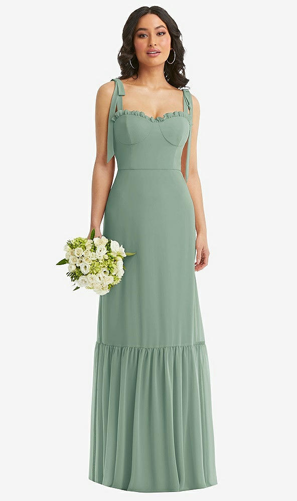 Front View - Seagrass Tie-Shoulder Bustier Bodice Ruffle-Hem Maxi Dress