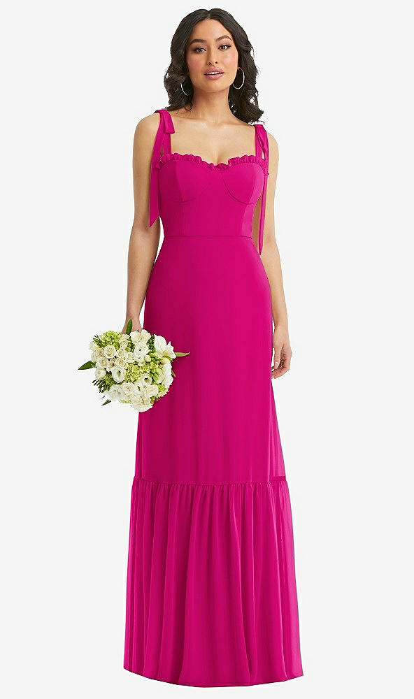 Front View - Think Pink Tie-Shoulder Bustier Bodice Ruffle-Hem Maxi Dress