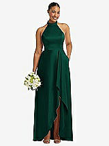 Alt View 1 Thumbnail - Hunter Green High-Neck Tie-Back Halter Cascading High Low Maxi Dress