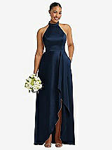 Alt View 1 Thumbnail - Midnight Navy High-Neck Tie-Back Halter Cascading High Low Maxi Dress