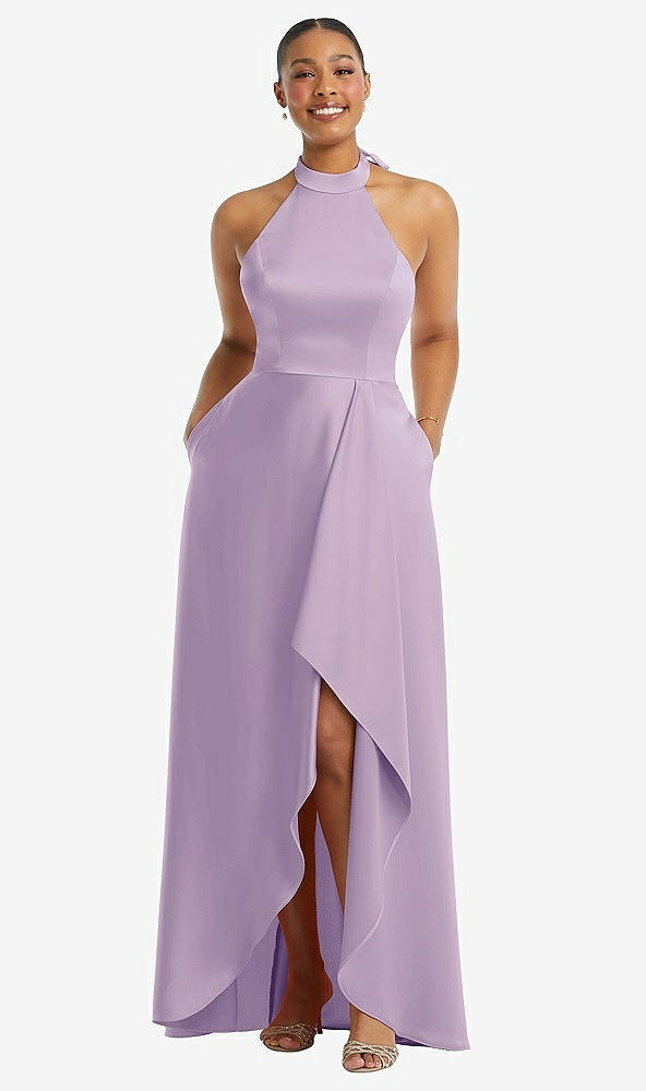 Front View - Pale Purple High-Neck Tie-Back Halter Cascading High Low Maxi Dress