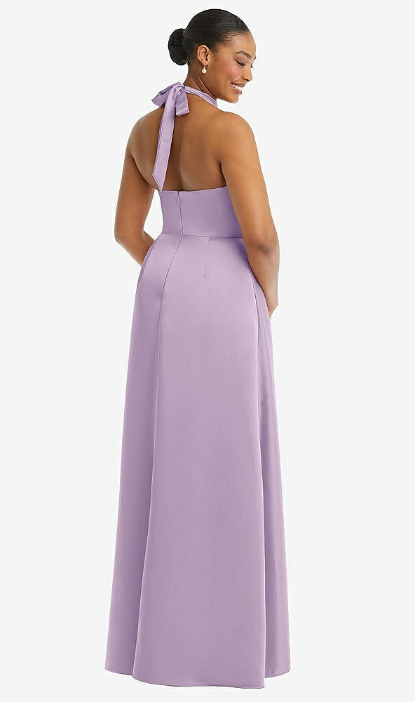 Back View - Pale Purple High-Neck Tie-Back Halter Cascading High Low Maxi Dress