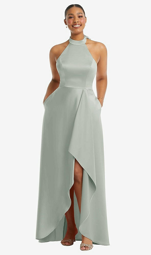 Front View - Willow Green High-Neck Tie-Back Halter Cascading High Low Maxi Dress