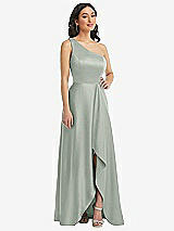 Front View Thumbnail - Willow Green One-Shoulder High Low Maxi Dress with Pockets