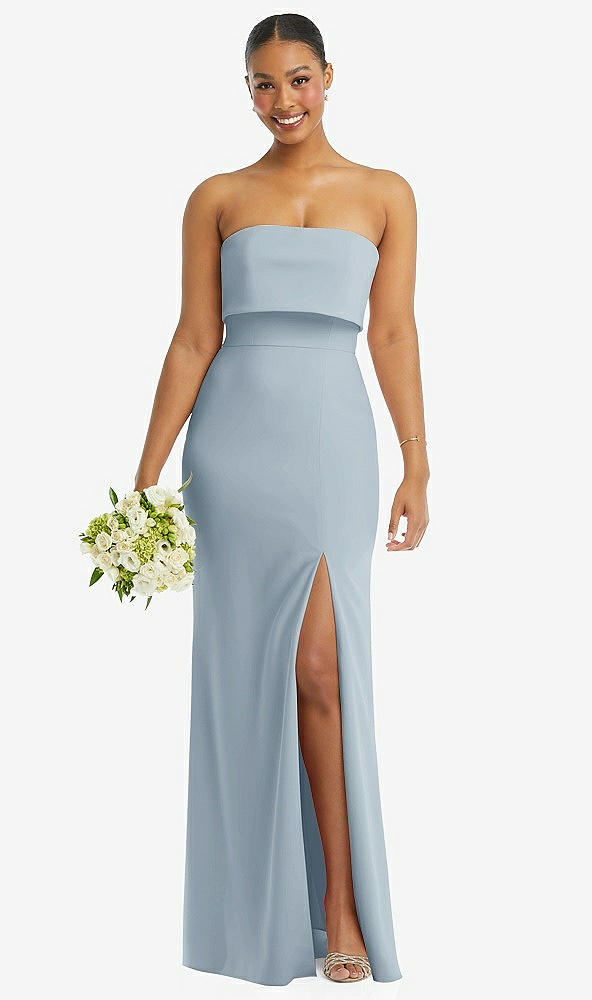 Front View - Mist Strapless Overlay Bodice Crepe Maxi Dress with Front Slit