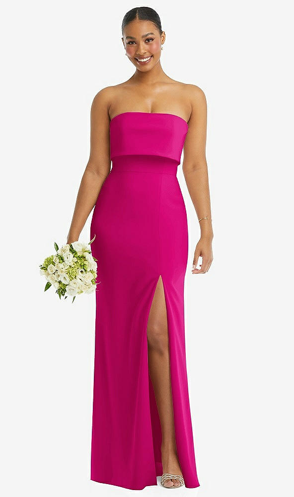 Front View - Think Pink Strapless Overlay Bodice Crepe Maxi Dress with Front Slit