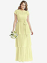 Front View Thumbnail - Butter Yellow Flutter Sleeve Jewel Neck Chiffon Maxi Dress with Tiered Ruffle Skirt