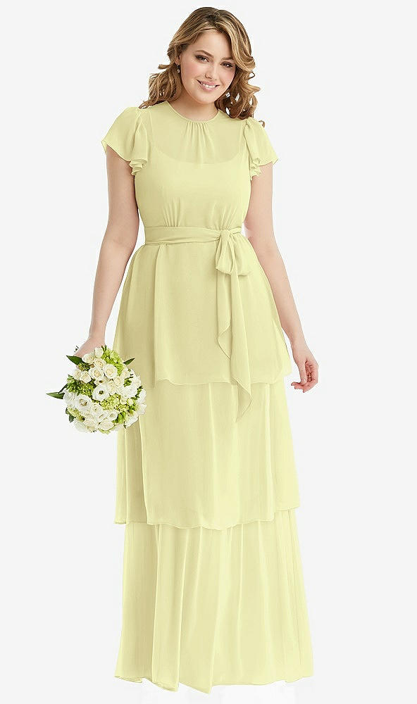 Front View - Butter Yellow Flutter Sleeve Jewel Neck Chiffon Maxi Dress with Tiered Ruffle Skirt