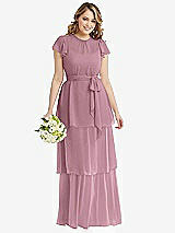 Front View Thumbnail - Dusty Pink Flutter Sleeve Jewel Neck Chiffon Maxi Dress with Tiered Ruffle Skirt