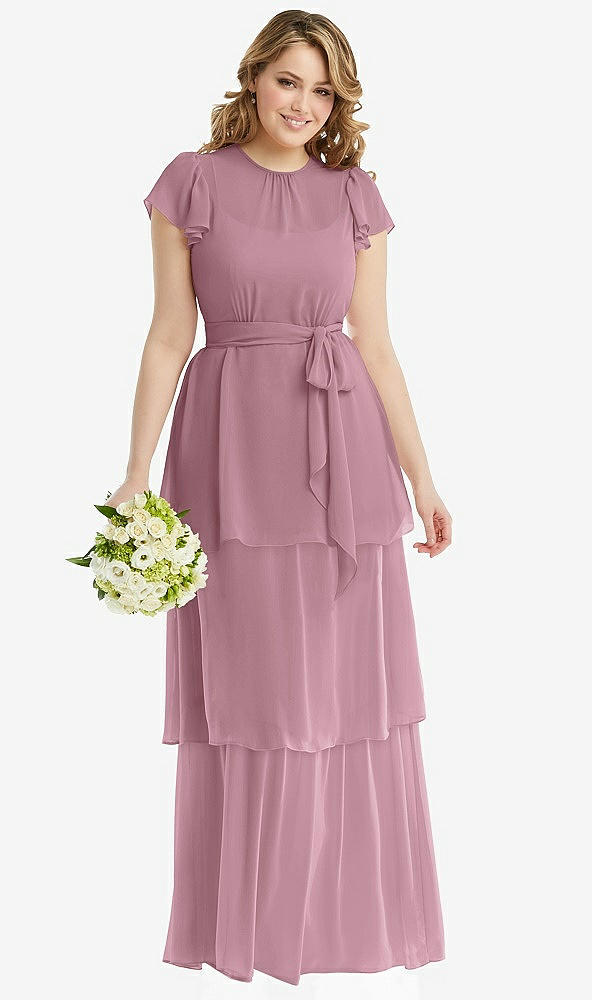 Front View - Dusty Pink Flutter Sleeve Jewel Neck Chiffon Maxi Dress with Tiered Ruffle Skirt