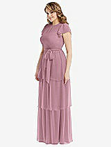 Side View Thumbnail - Dusty Pink Flutter Sleeve Jewel Neck Chiffon Maxi Dress with Tiered Ruffle Skirt