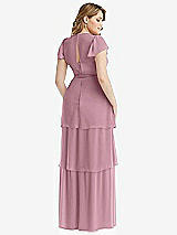 Rear View Thumbnail - Dusty Pink Flutter Sleeve Jewel Neck Chiffon Maxi Dress with Tiered Ruffle Skirt