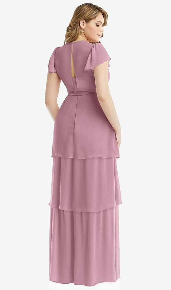 Back View - Dusty Pink Flutter Sleeve Jewel Neck Chiffon Maxi Dress with Tiered Ruffle Skirt