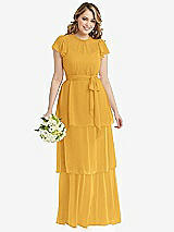 Front View Thumbnail - NYC Yellow Flutter Sleeve Jewel Neck Chiffon Maxi Dress with Tiered Ruffle Skirt