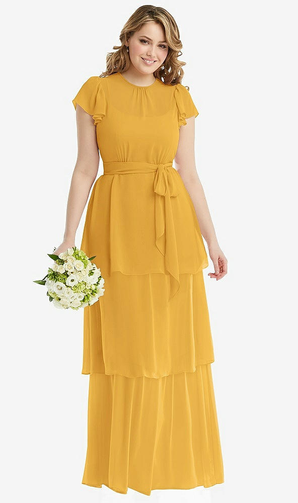 Front View - NYC Yellow Flutter Sleeve Jewel Neck Chiffon Maxi Dress with Tiered Ruffle Skirt