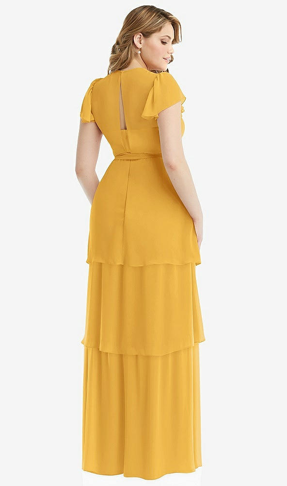 Back View - NYC Yellow Flutter Sleeve Jewel Neck Chiffon Maxi Dress with Tiered Ruffle Skirt