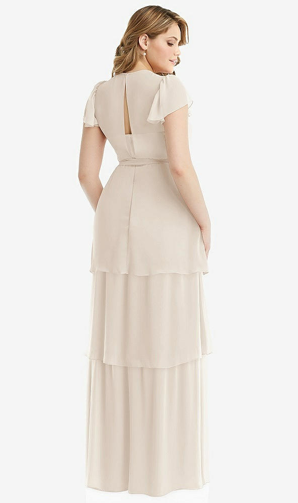 Back View - Oat Flutter Sleeve Jewel Neck Chiffon Maxi Dress with Tiered Ruffle Skirt