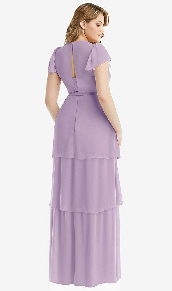 Back View - Pale Purple Flutter Sleeve Jewel Neck Chiffon Maxi Dress with Tiered Ruffle Skirt