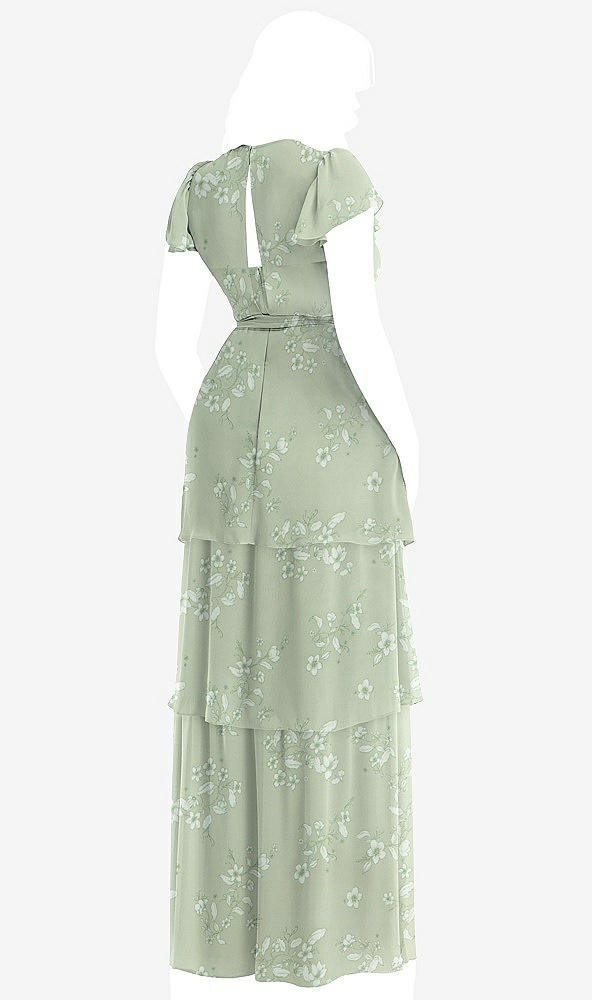 Back View - Vintage Primrose Sage Flutter Sleeve Jewel Neck Chiffon Maxi Dress with Tiered Ruffle Skirt