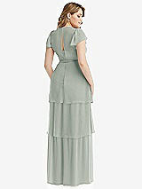 Rear View Thumbnail - Willow Green Flutter Sleeve Jewel Neck Chiffon Maxi Dress with Tiered Ruffle Skirt