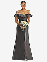 Alt View 2 Thumbnail - Caviar Gray Off-the-Shoulder Ruffle Neck Satin Trumpet Gown