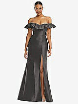 Alt View 3 Thumbnail - Caviar Gray Off-the-Shoulder Ruffle Neck Satin Trumpet Gown