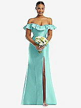 Alt View 2 Thumbnail - Coastal Off-the-Shoulder Ruffle Neck Satin Trumpet Gown