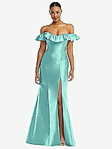 Alt View 3 Thumbnail - Coastal Off-the-Shoulder Ruffle Neck Satin Trumpet Gown