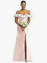 Alt View 2 Thumbnail - Blush Off-the-Shoulder Ruffle Neck Satin Trumpet Gown