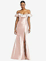 Alt View 3 Thumbnail - Blush Off-the-Shoulder Ruffle Neck Satin Trumpet Gown