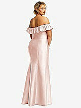 Rear View Thumbnail - Blush Off-the-Shoulder Ruffle Neck Satin Trumpet Gown