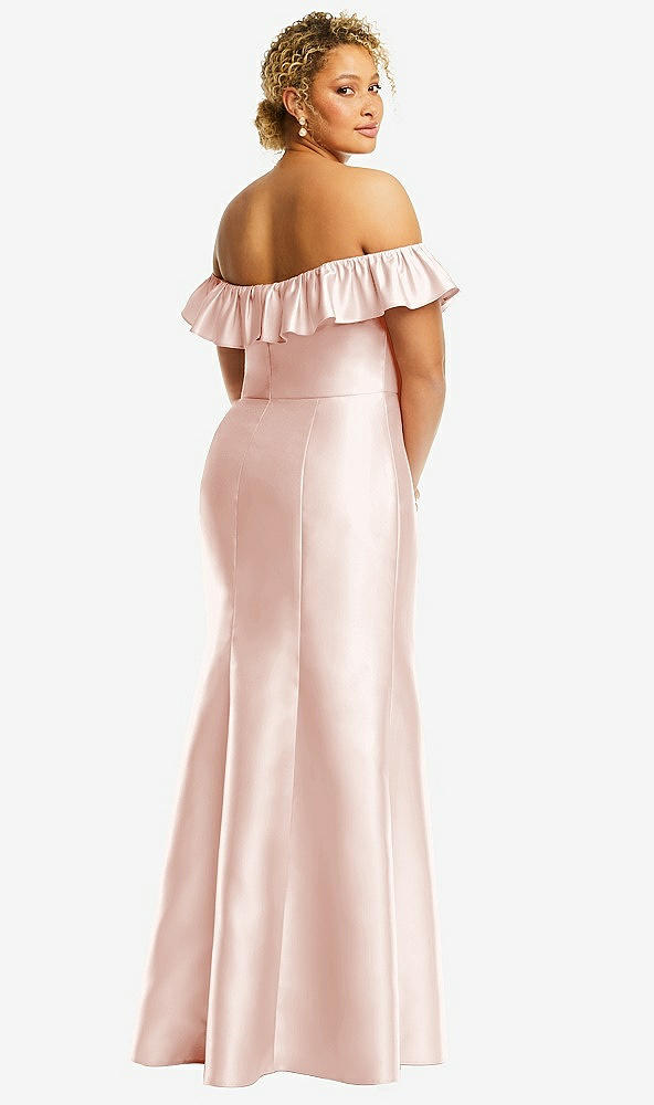 Back View - Blush Off-the-Shoulder Ruffle Neck Satin Trumpet Gown