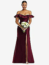 Alt View 2 Thumbnail - Cabernet Off-the-Shoulder Ruffle Neck Satin Trumpet Gown