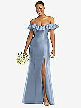 Alt View 1 Thumbnail - Cloudy Off-the-Shoulder Ruffle Neck Satin Trumpet Gown