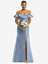 Alt View 2 Thumbnail - Cloudy Off-the-Shoulder Ruffle Neck Satin Trumpet Gown