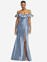 Alt View 3 Thumbnail - Cloudy Off-the-Shoulder Ruffle Neck Satin Trumpet Gown