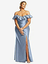 Front View Thumbnail - Cloudy Off-the-Shoulder Ruffle Neck Satin Trumpet Gown