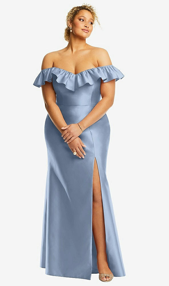 Front View - Cloudy Off-the-Shoulder Ruffle Neck Satin Trumpet Gown